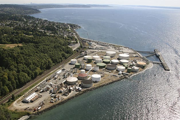 A an aerial photo of the Point Wells site shows petroleum storage and distribution facilities along the port. 