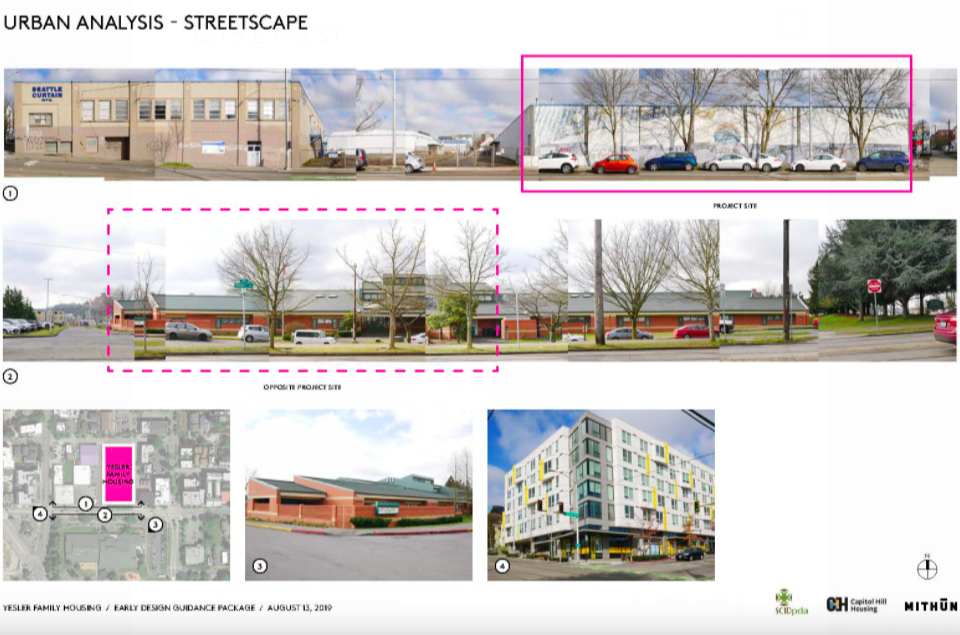 
                     A series of photos of buildings near the proposed site of the Yesler Family Housing project.
                     