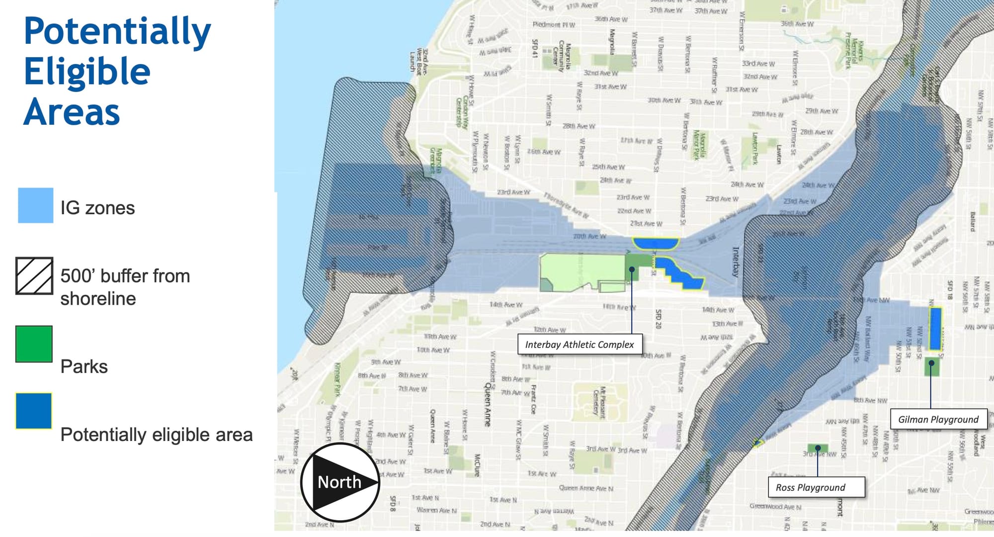 A map of the potential areas for the Interbay Athletic Complex. 