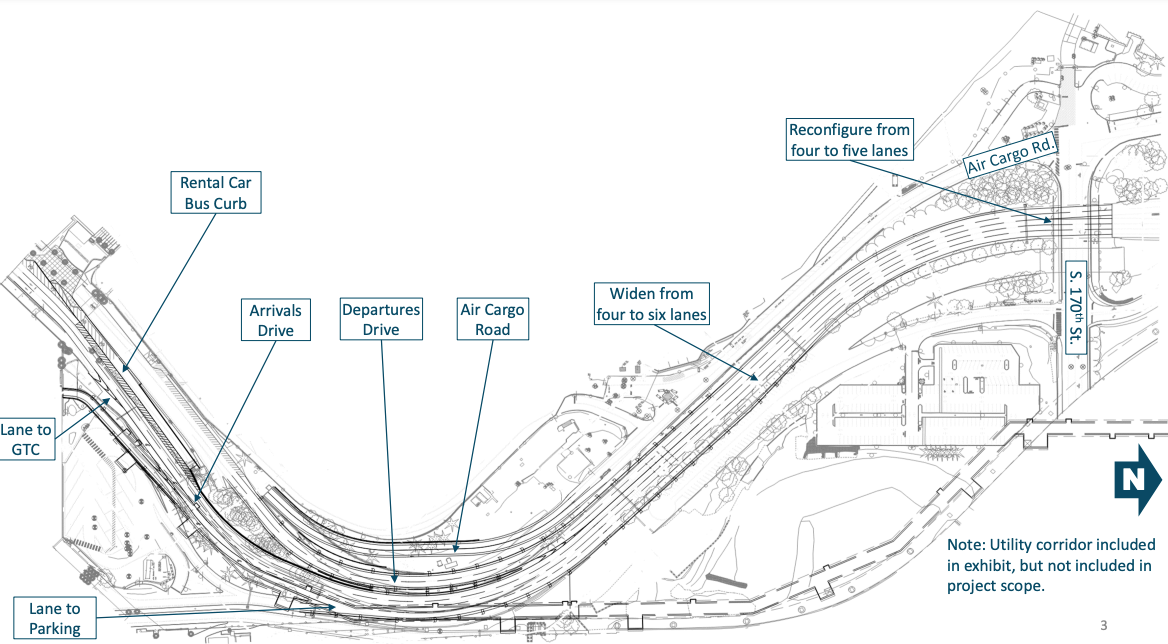 Black and white drawing of a roadway expansion with segments labelled