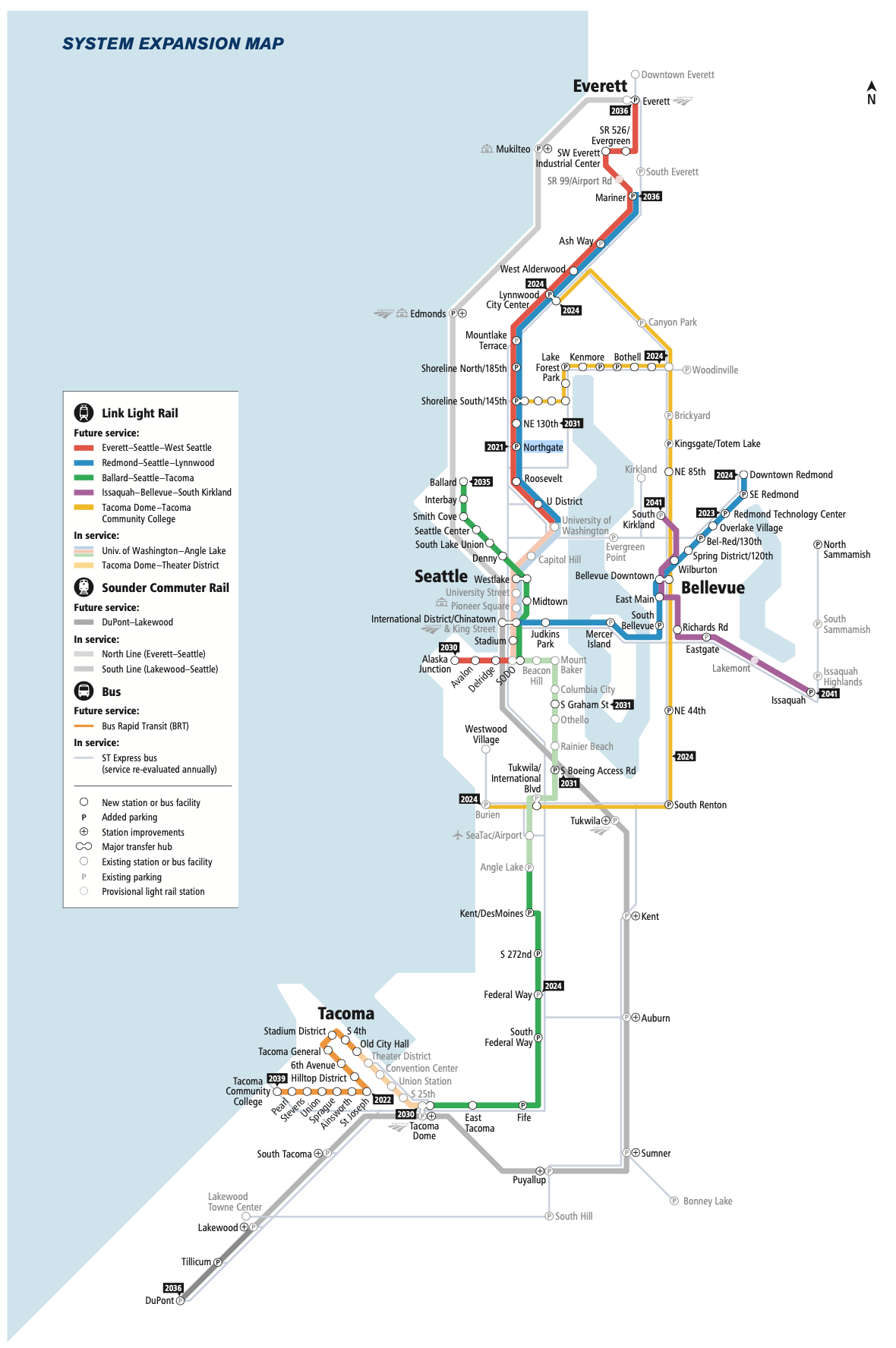Pre-Realignment ST3 map shows Everett Link opening in 2036, Ballard Link in 2035, and Tacoma Dome Link and West Seattle Link in 2030.