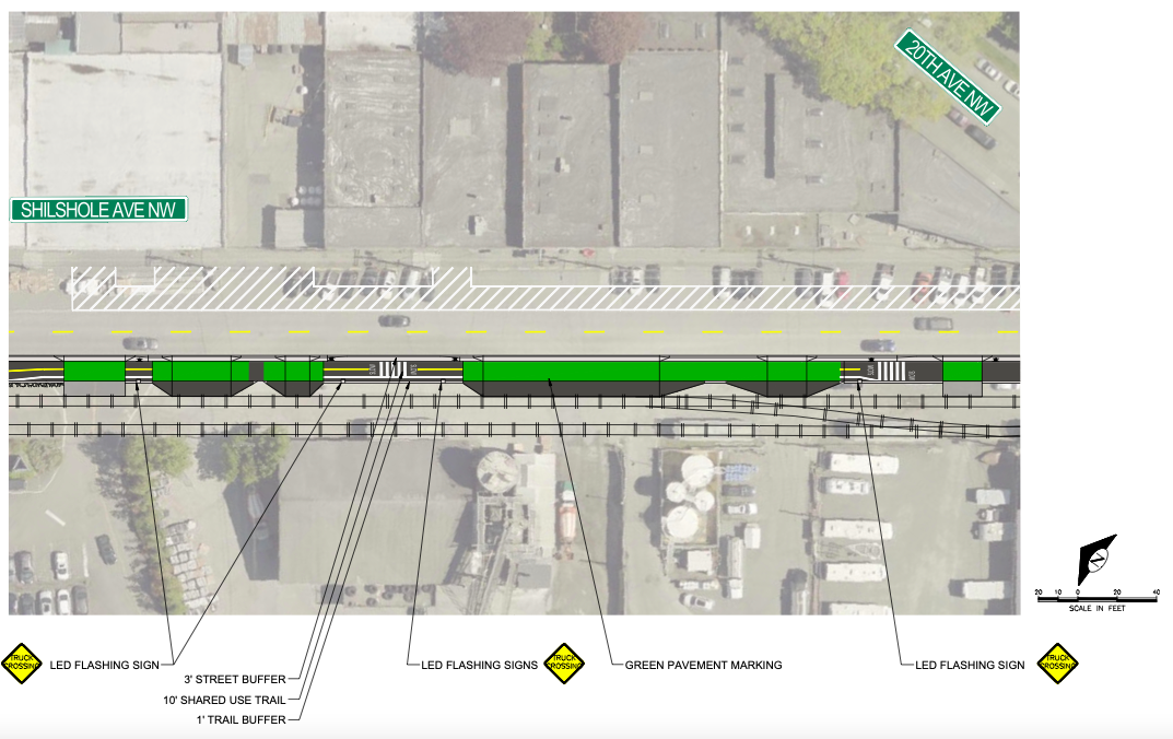 
                     A map shows the new design for the Burke Gilman trail on Shilshole Avenue NW where the trail crosses business driveways. Gree
                     