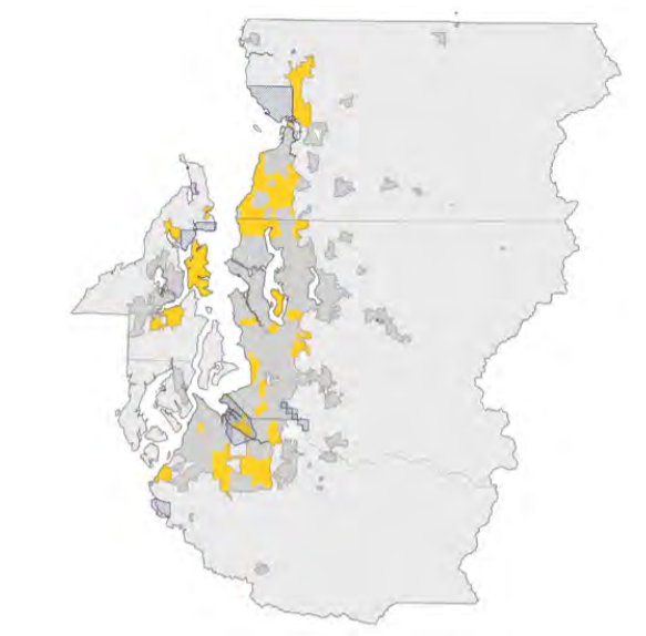 A map of Puget Sound with yellow "high capacity transit communities" cities highlighted