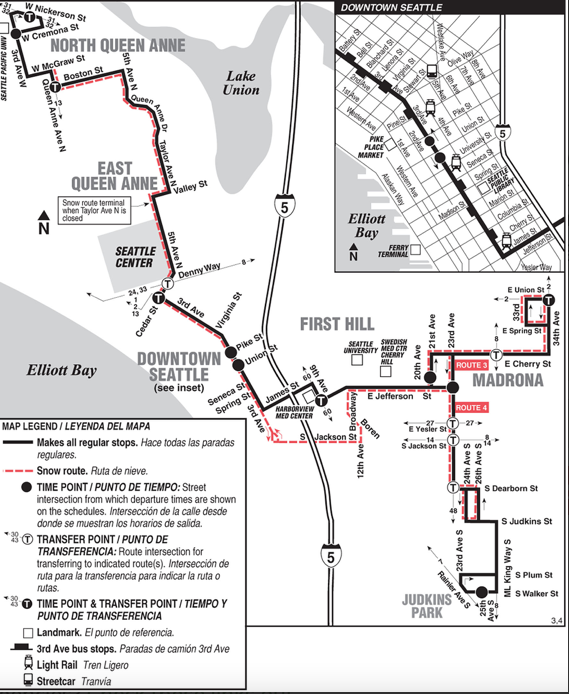 A map showing the regular and snow route for King County Metro bus route 3. 
