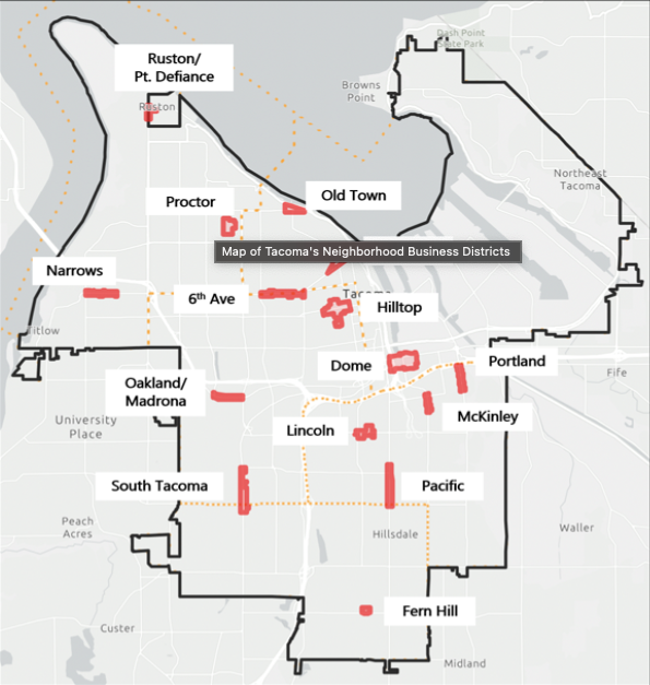 A map illustrating Tacoma's 15 neighborhood business districts. 