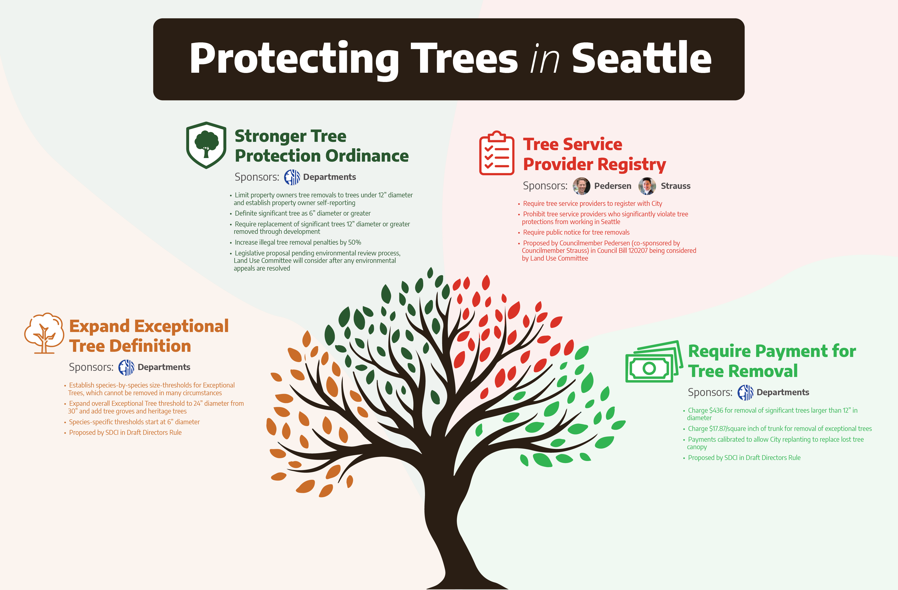 A graphic shows the four proposal for tree protections: 1) Council Bill 120207 – Tree Service Provider Registry Requires tree service providers to register with the City Prohibit tree service providers who significantly violate tree protections from working in Seattle Require public notice for tree removals 2) Stronger Tree Protection Ordinance Limit property owners tree removals to trees under 12” in diameter and establish property owner self-reporting Define significant trees as 6” diameter or greater Require replacement of significant trees 12” diameter or greater removed through development Increase illegal tree removal penalties by 50% 3) Expanded Exceptional Tree Definition Establish species-by-species size thresholds for Exceptional Trees (starting at 6” diameter), which cannot be removed in many circumstances Expand overall Exceptional Tree threshold to 24” in diameter from 30” and add tree groves and heritage trees 4) Payment for Tree Removal Charge $436 for removal of significant trees larger than 12” in diameter Charge $17.87/square inch of trunk for removal of exceptional trees Payments calibrated to allow City replanting to replace lost tree canopy