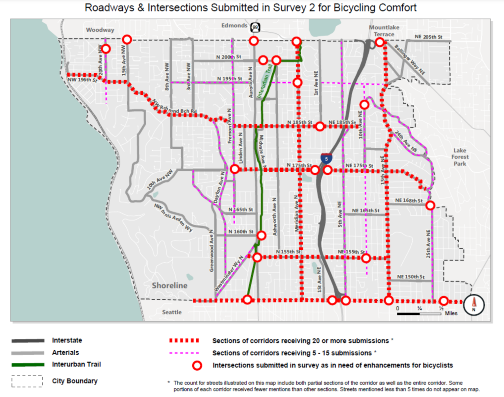 Map of Shoreline with major east west and north south streets noted as community submissions for more infrastructure