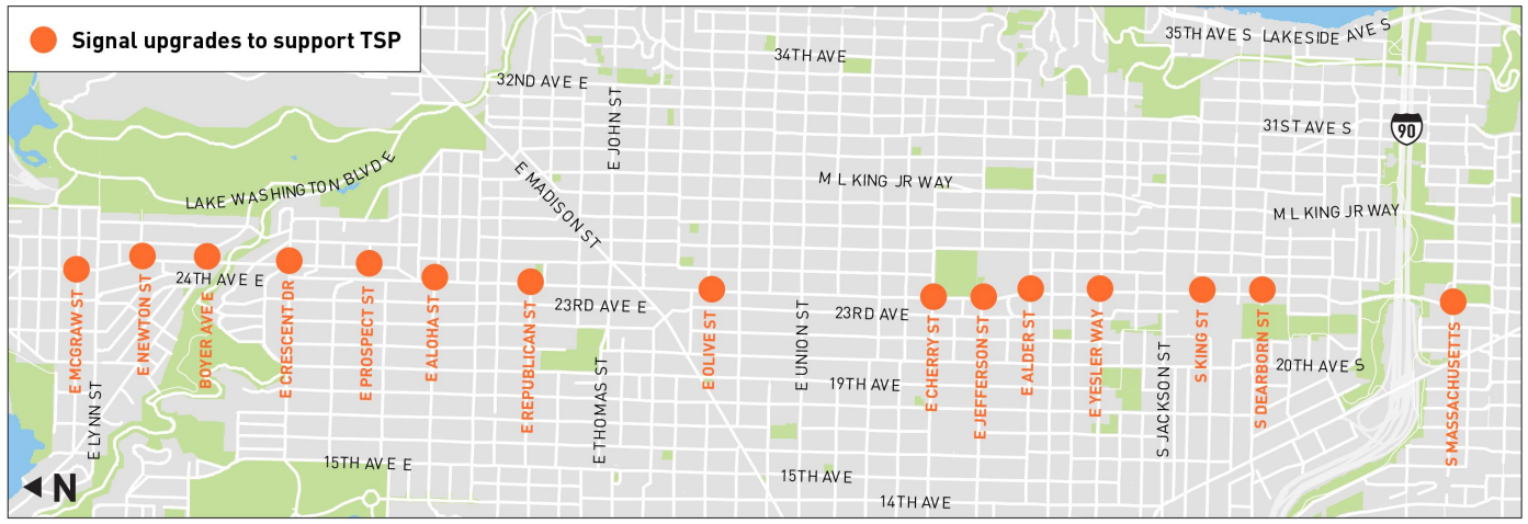Map of the area around the Route 48 with no street types designated. Intersections are highlighted showing where TSP would be added
