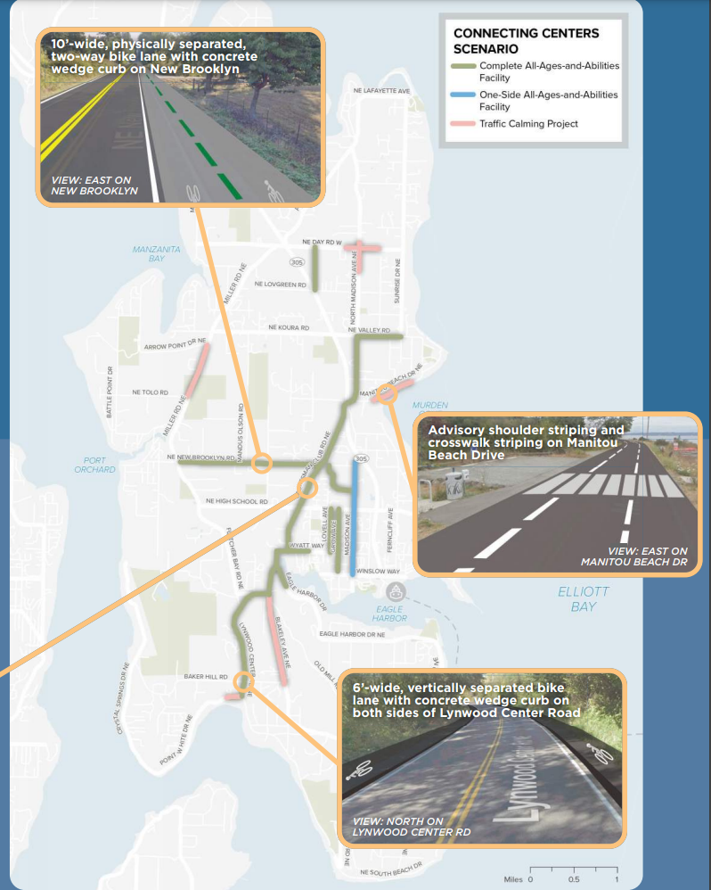 A map of bainbridge with green lines indicating all ages and abilities connections between Lynwood and Rolling Bay
