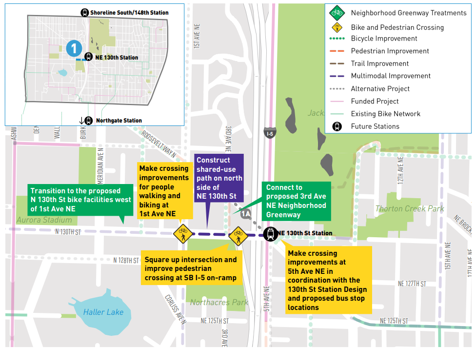 A map showing the extent of the planned mixed use path between 1st Ave NE and 5th Ave NE on 130th Street