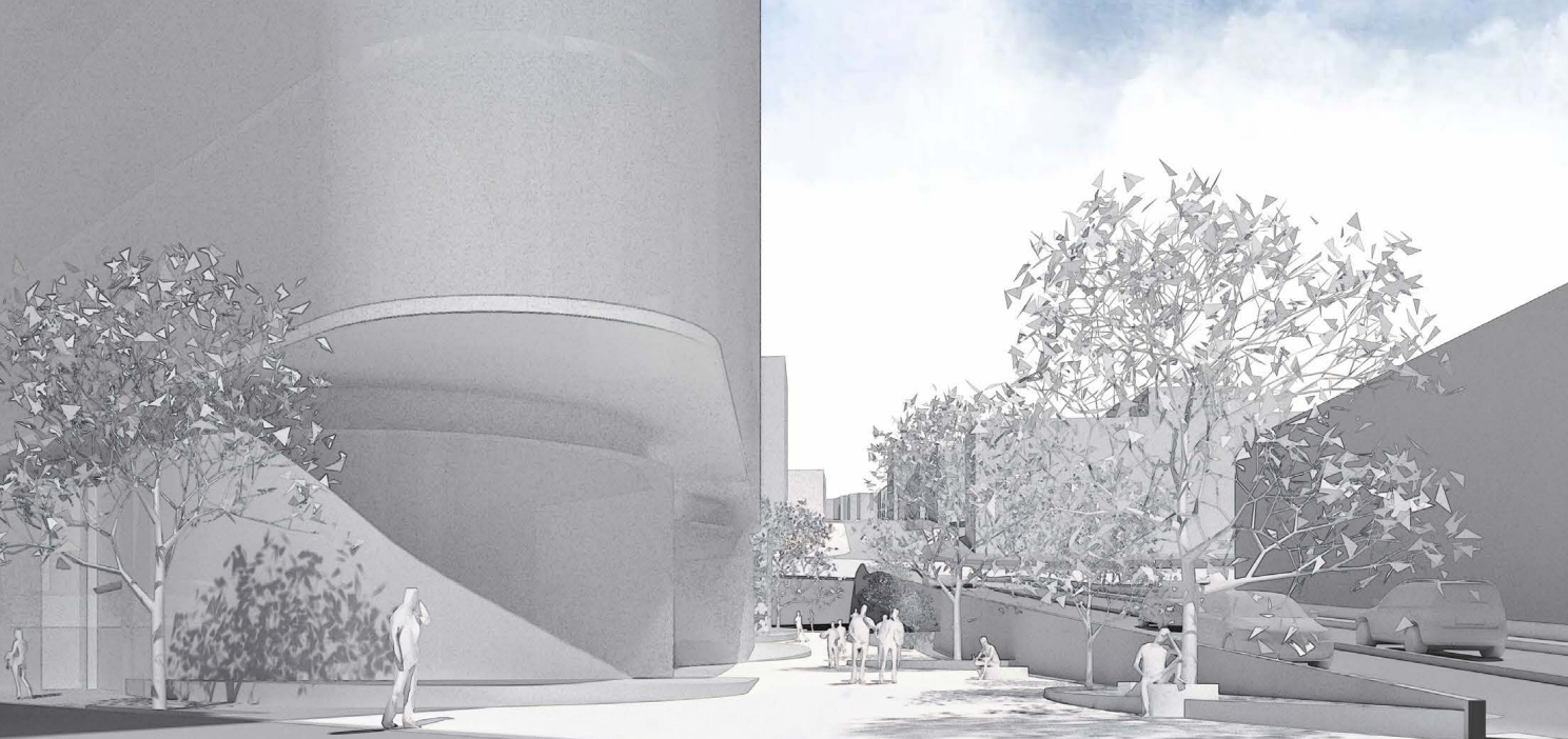 A rendering of a pedestrian street near a tall building. 