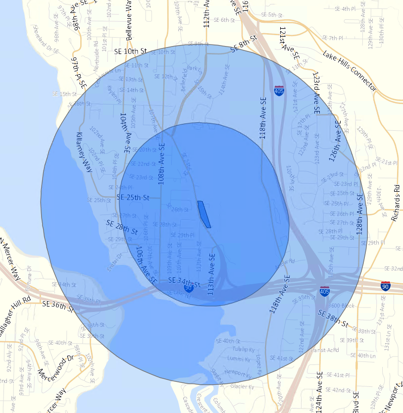 .5 and 1 mile radius around south Bellevue station