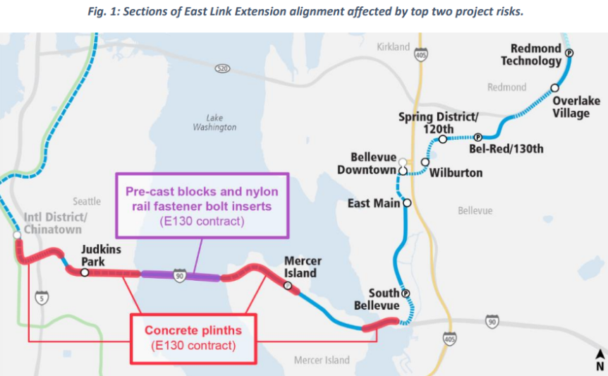 Map of Lake Washington showing the extended light rail line to Bellevue and Redmond, with sections over the lake highlighted to identify concrete plinths and nylon fastener locations.