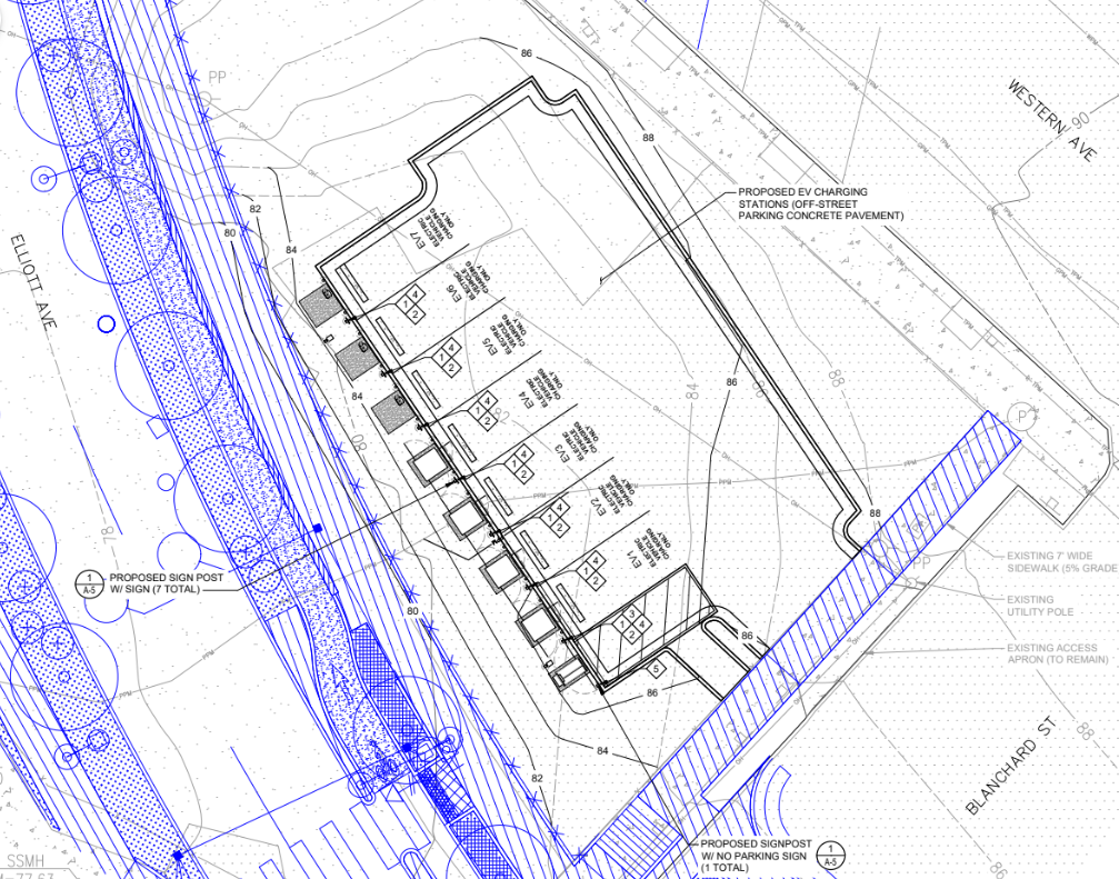 Blueprints showing seven EV charging stalls between Western Ave, Elliott Ave, and Blanchard Street
