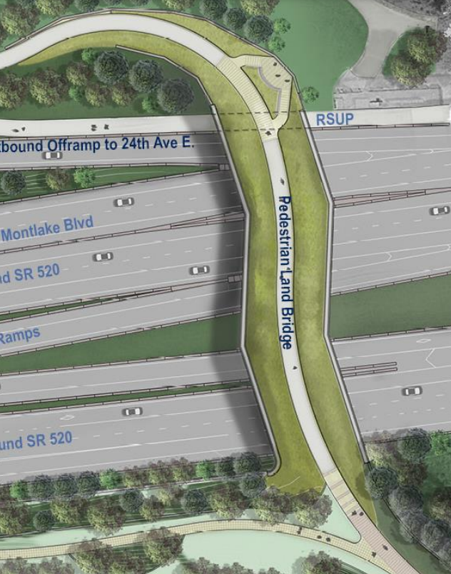Rendering showing the strip of land bridge with trail across 520