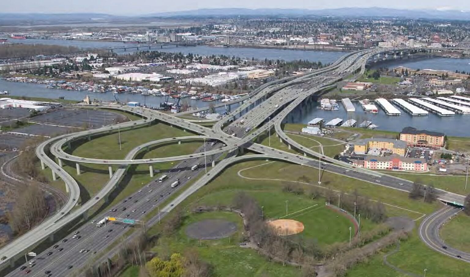 
                     An aerial view of a enormous highway crossing the Columbia River, a rendering from 2013
                     