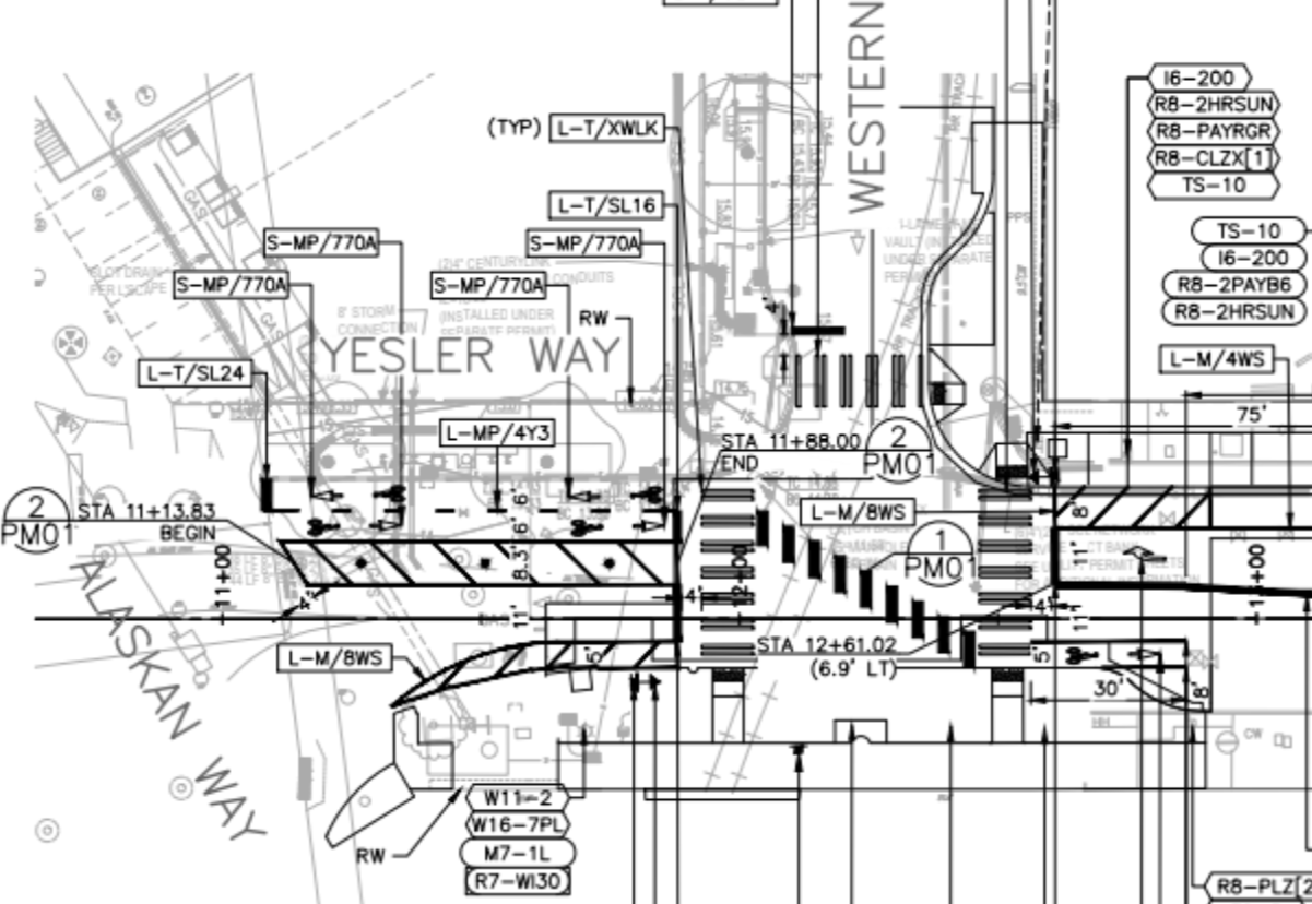 Black and white blueprint showing diagonal bike crossing through double crosswalks at Western and Yesler