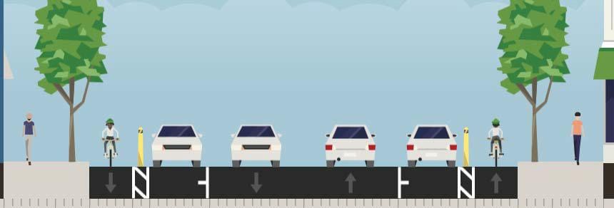 Two vehicle lanes, two parking lanes, and bike lanes along the curb separated by posts