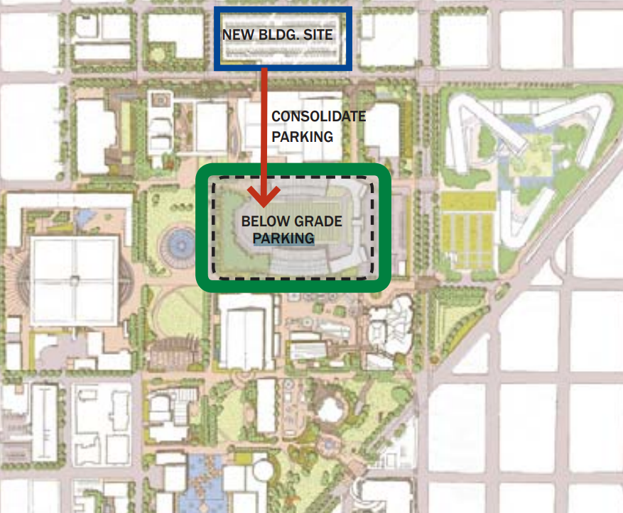 Diagram showing how the Mercer Garage would be replaced with parking below the new Memorial Stadium