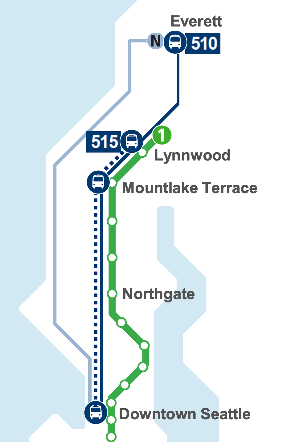 A map shows the proposed service pattern of Routes 510 and 515 versus Link. (Sound Transit)