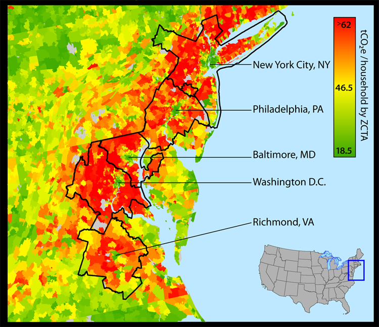 The map shows the Northeastern United States with Richmond, Virginia, Washington D.C, Baltimore, Philadelphia, and New York labeled as points of green amidst red-colored suburbia. 