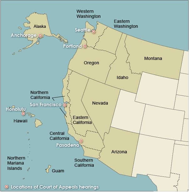 Map shows the Ninth Circuit boundaries will include include California, Oregon, Washington, Hawaii, Alaska Montana, Idaho, Nevada, and Arizona