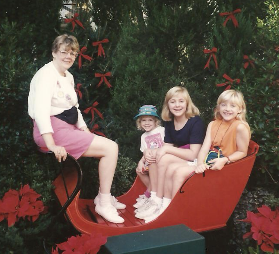 The family sits in a sleigh and smiles.