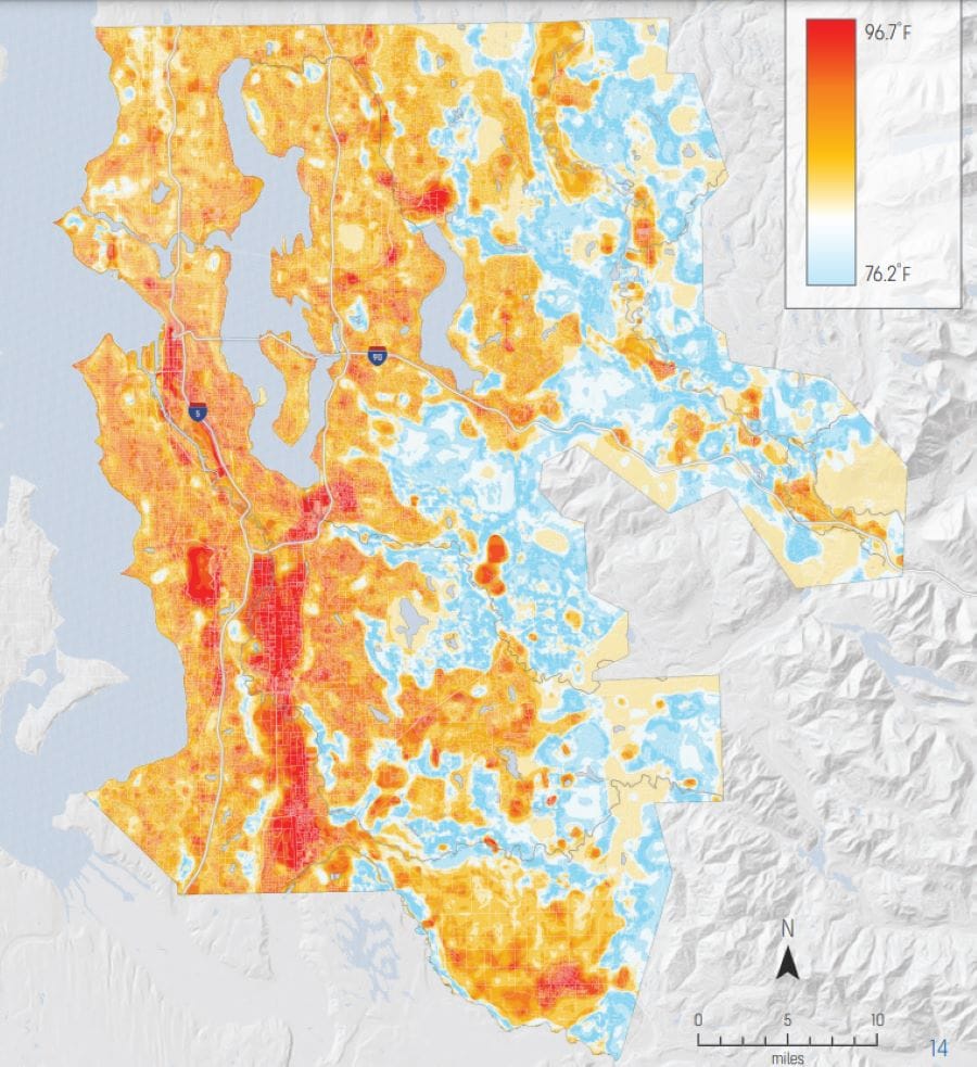 The legend shows that Bright red is 96 degrees Fahrenheit while blue is 14 degrees cooler. Evening Area-Wide Predictions