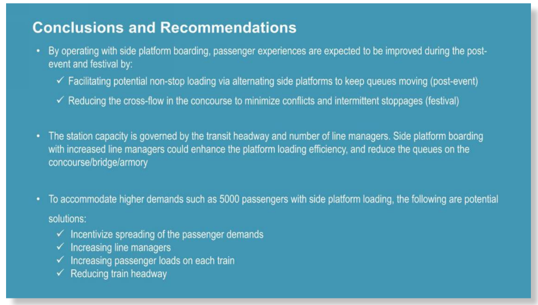 Text laying out recommendations for improving passenger flow, such as increasing line managers and passenger load on trains.