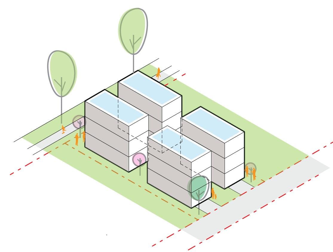 A simple illustration shows fourpack of detached townhomes with few trees
