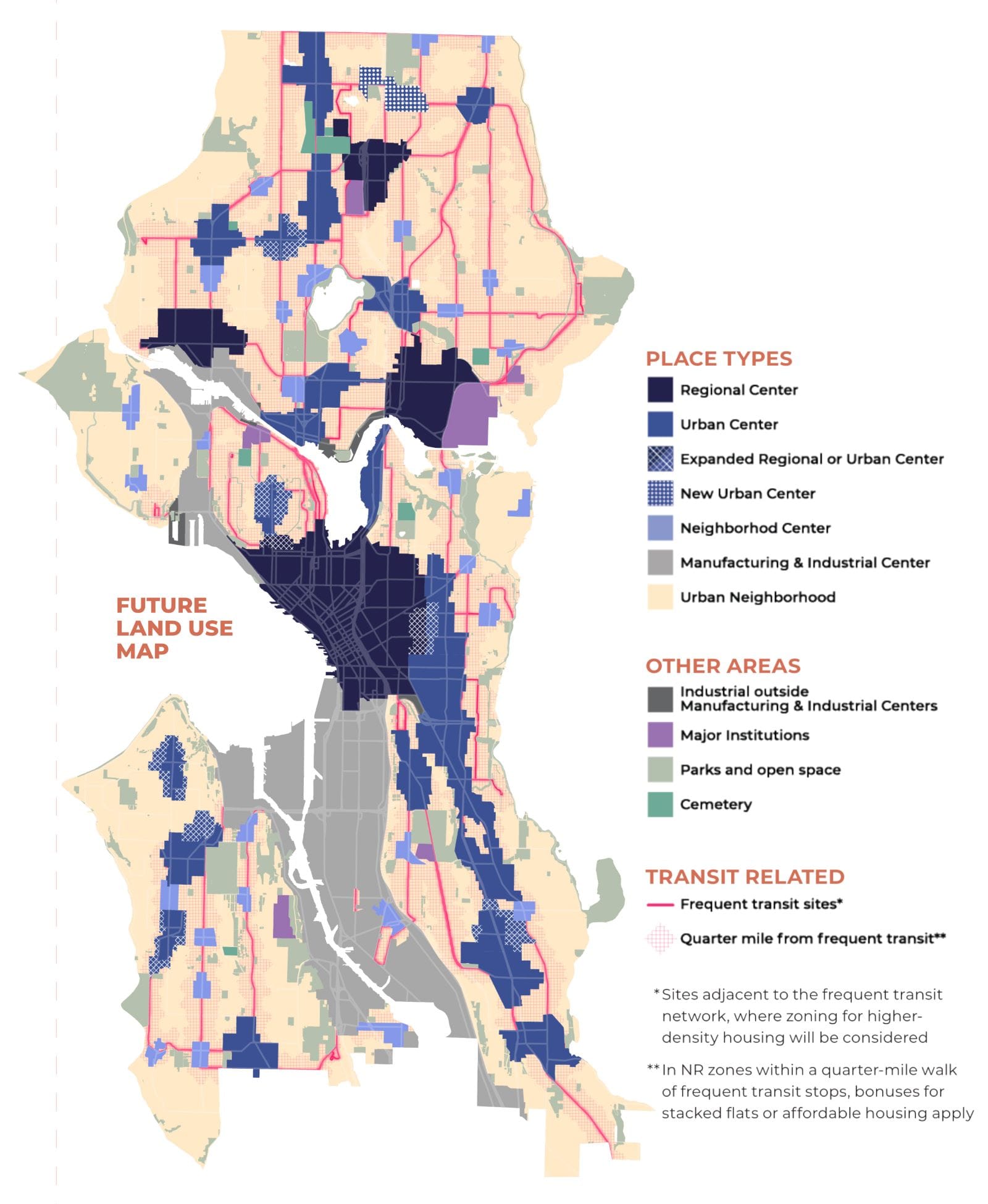New neighborhood centers are shown in light blue. The skinny transit corridor rezones are shown in orange.