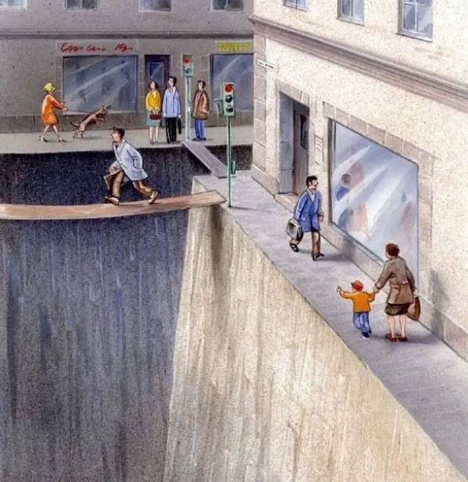 A cartoon shows a deep pit where an urban street would normally be with gangplanks offering a narrow path to cross at intersections. Pedestrians hug the sidewalks in a precarious position.