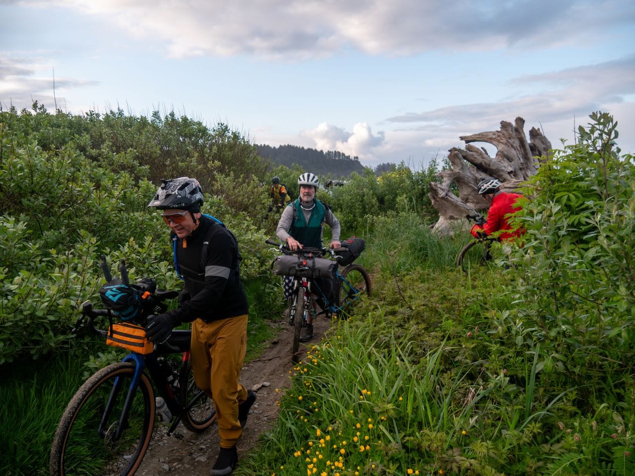 Wildflower bloom in a coast meadow as riders slog through a goat path.