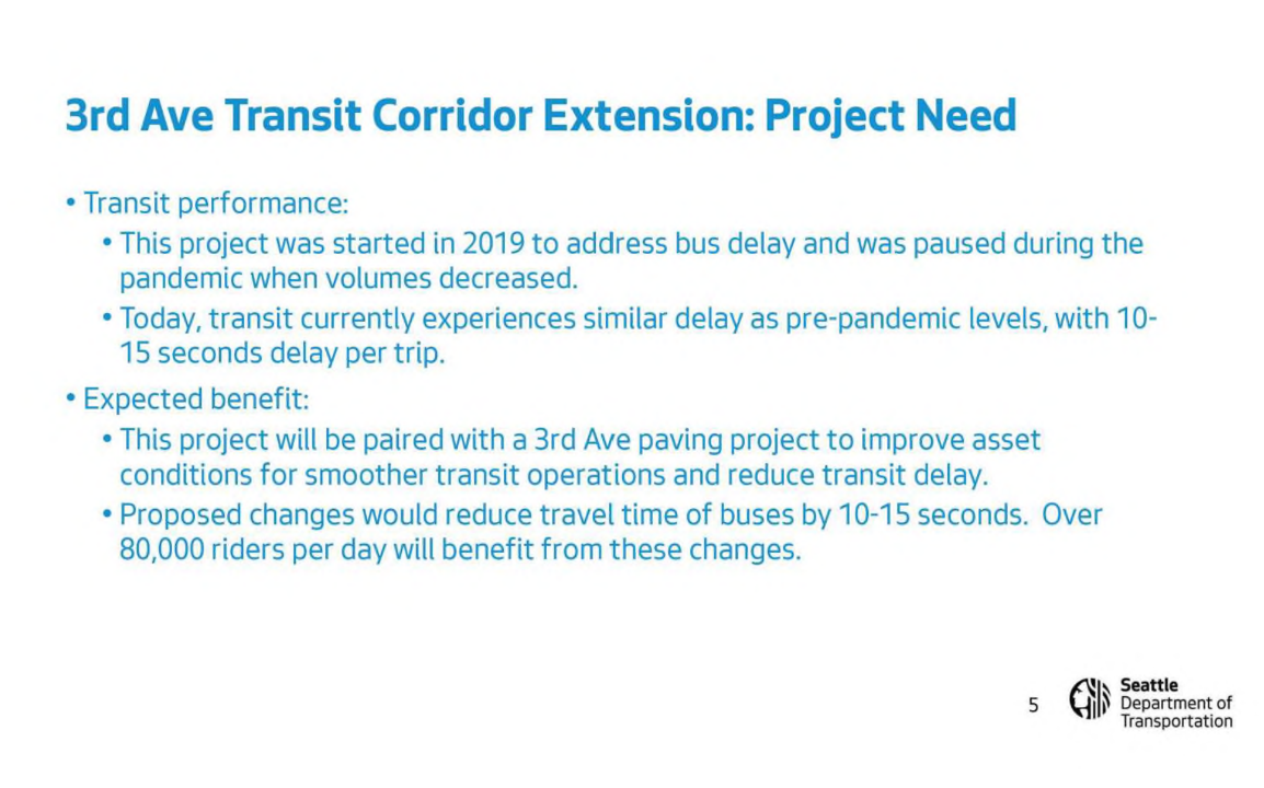 A slide laying out "project need" for the Third Avenue Transit Corridor Extension