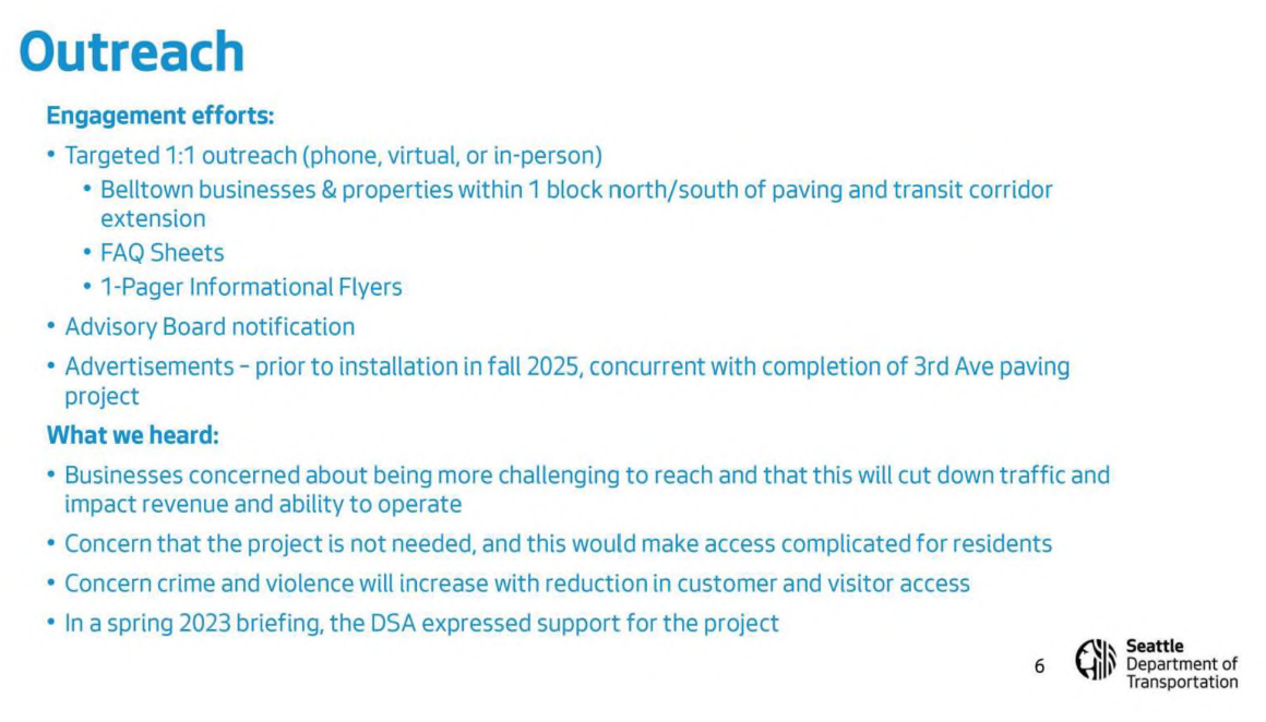 A slide laying out the outreach that had been conducted and the negative feedback from business owners