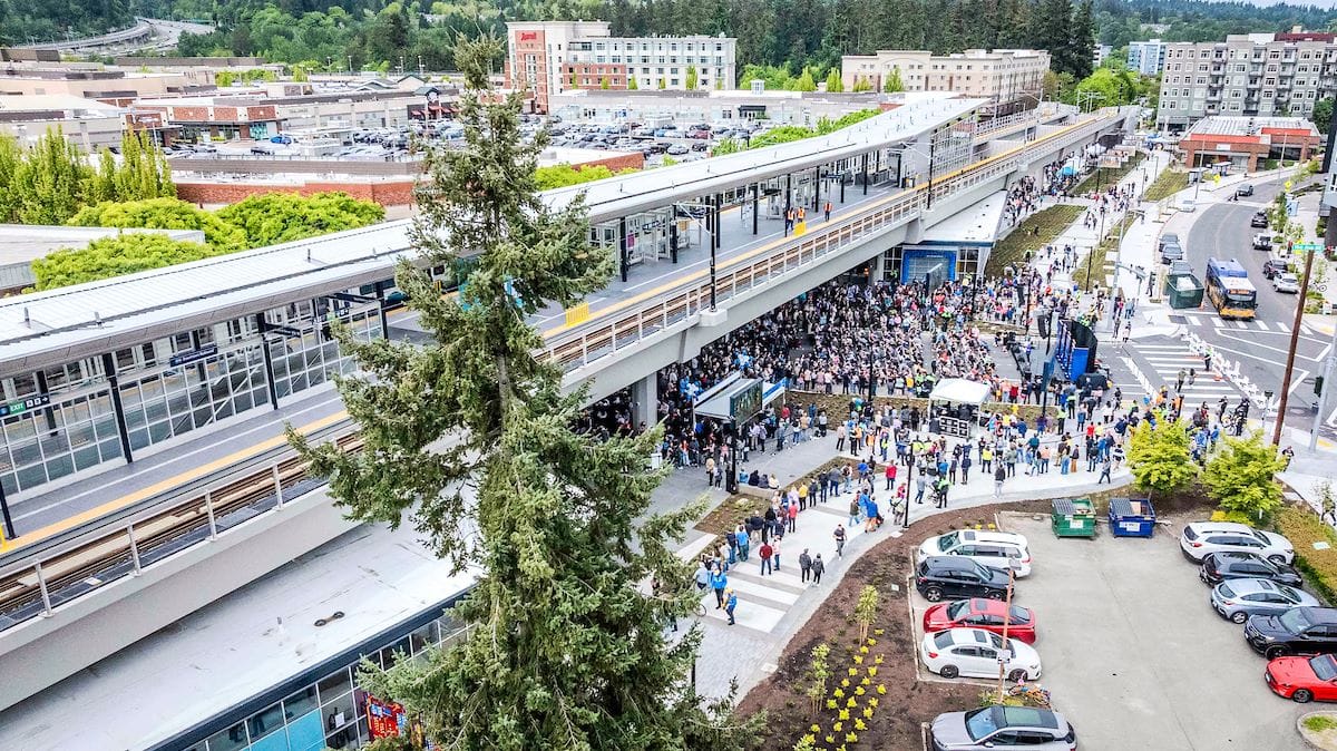 An aerial shot of the crowd at Downtown Redmond Station during opening festivities.