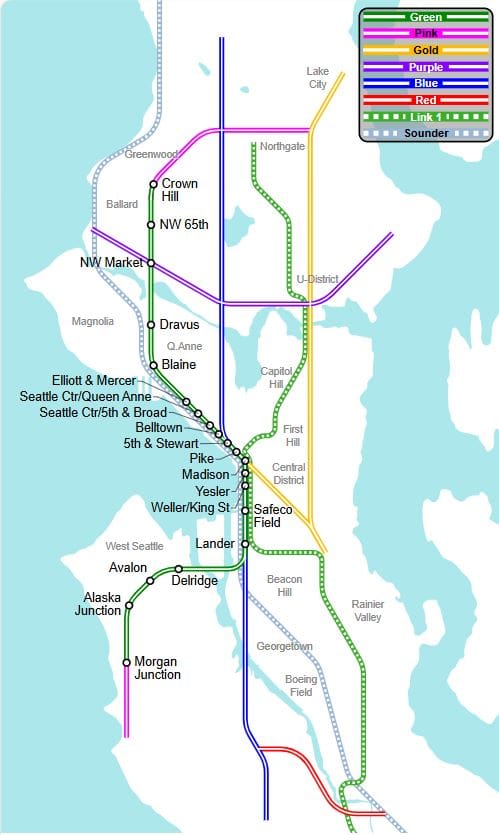 The Green Line is the West to Ballard monorail and a Yellow Line connecting the Lake City, the University of Washington, and Central District is also envisioned. A crosstown purple line from Ballard to Sand Point