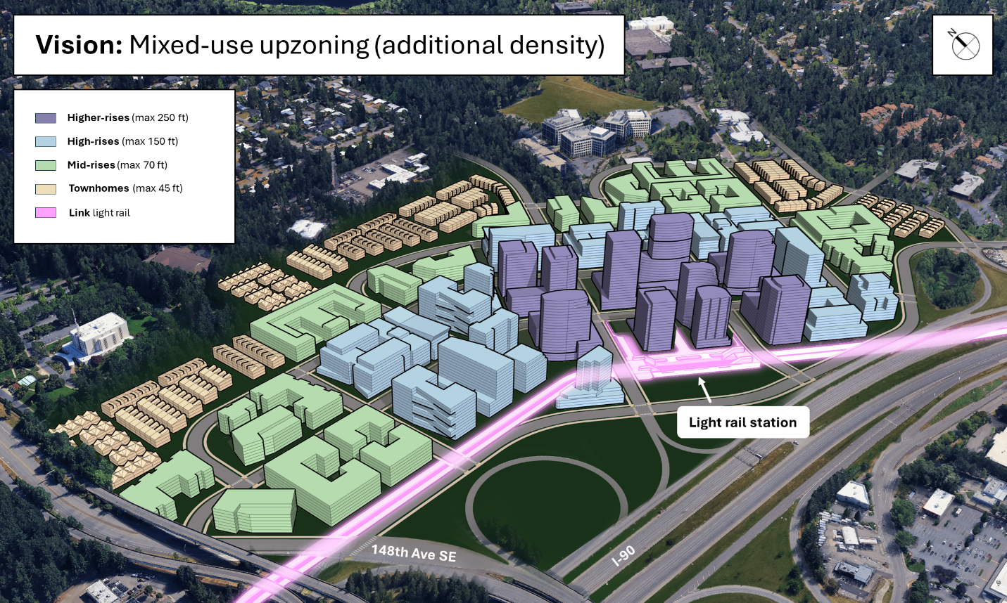 The rendering shows a cluster of 25-story highrises near the station, stepping down to 15-story and then midrise.
