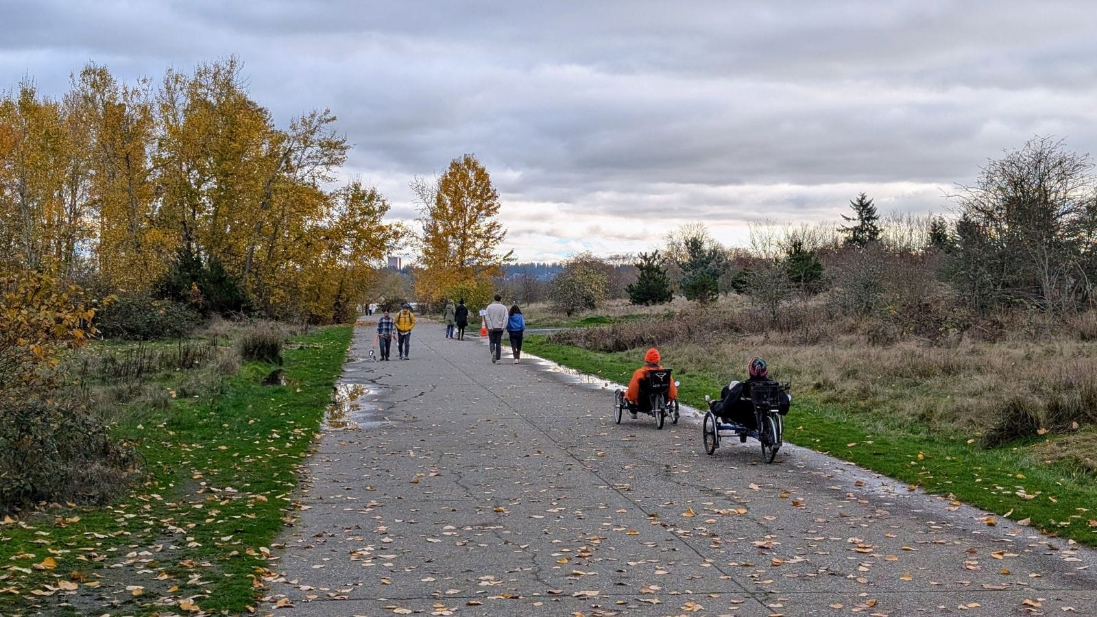 A wide trail includes two people on recumbent bikes and a dozen pedestrians.