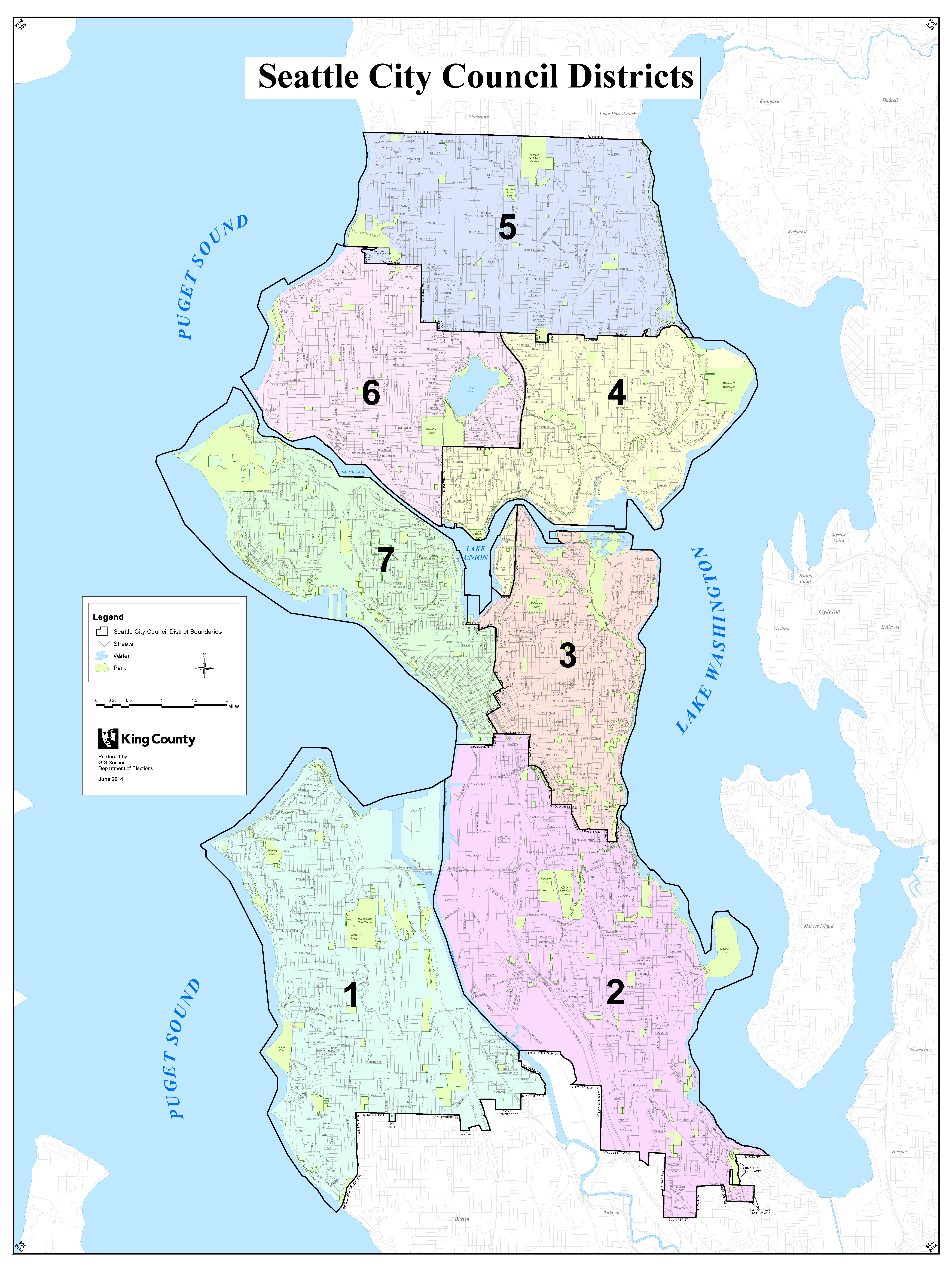A map shows the district boundaries: District 1 is West Seattle, District 2 is Southeast Seattle, District 3 is the Central Area, District 4 is Northeast Seattle, District 5 is North Seattle, District 6 is Northwest Seattle, and District 7 is Magnolia, Queen Anne and the downtown core.