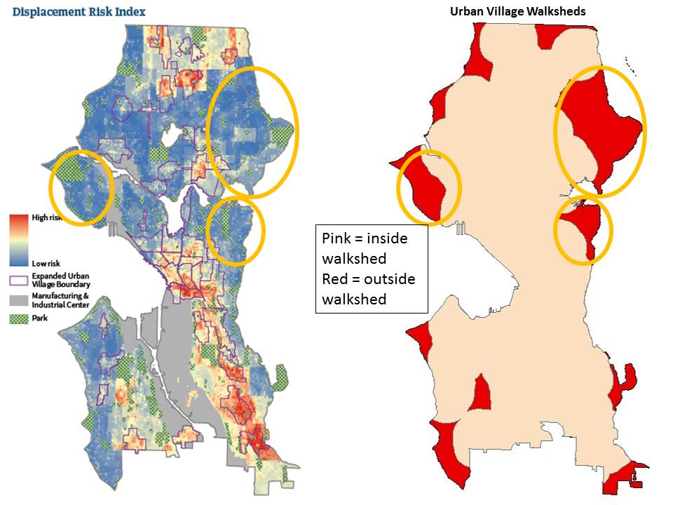 Displacement Index compared to Urban Village walksheds. Magnolia and Northeast Seattle are too big gaps in urban village access.