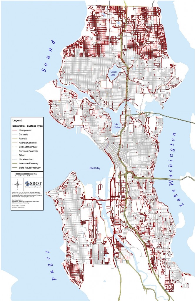 Sidewalks in Seattle with the dark-red highlighting gaps in the sidewalk network particularly in the far north and far south of the city, as of 2015. (SDOT)