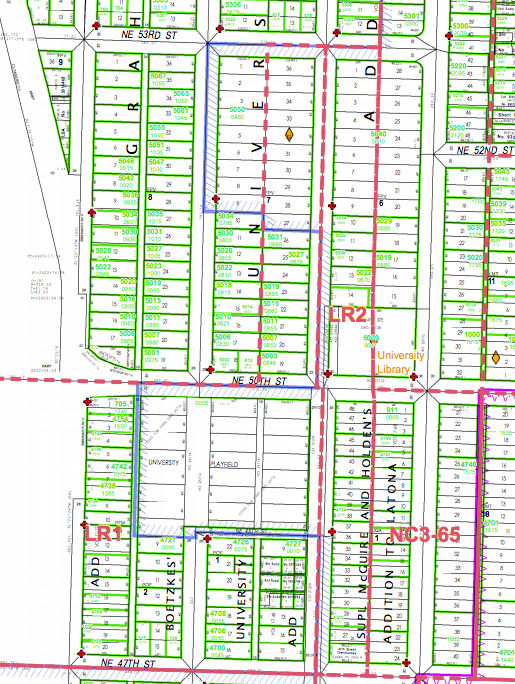 The new boundaries of the Urban Center overlay designation (blue line) near the University Playfield. (City of Seattle)