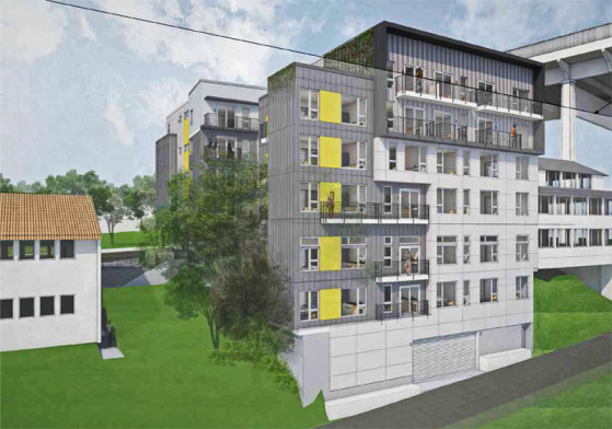 A 56-unit apartment building is under construction just east of the Fremont Branch Library. (B9 Architects)