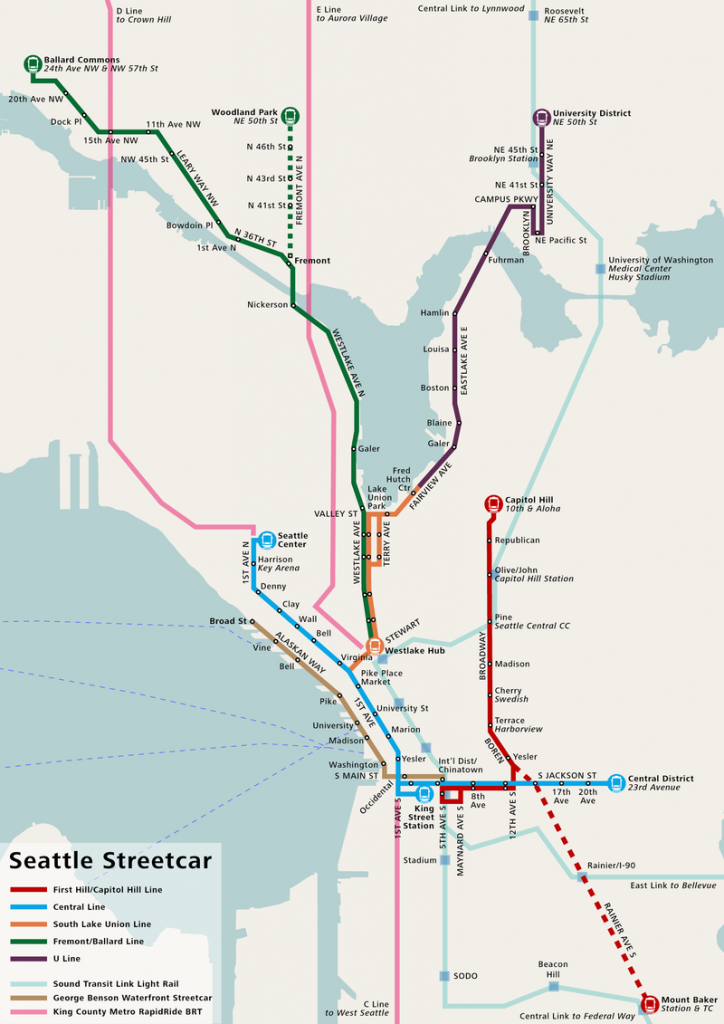 Proposed streetcar lines include a Belltown line, an Eastlake line to the U District, a Westlake line to Ballard, a Jackson Street line to the Central District,and the South Lake Union and First Hill streetcars that did end up getting built.