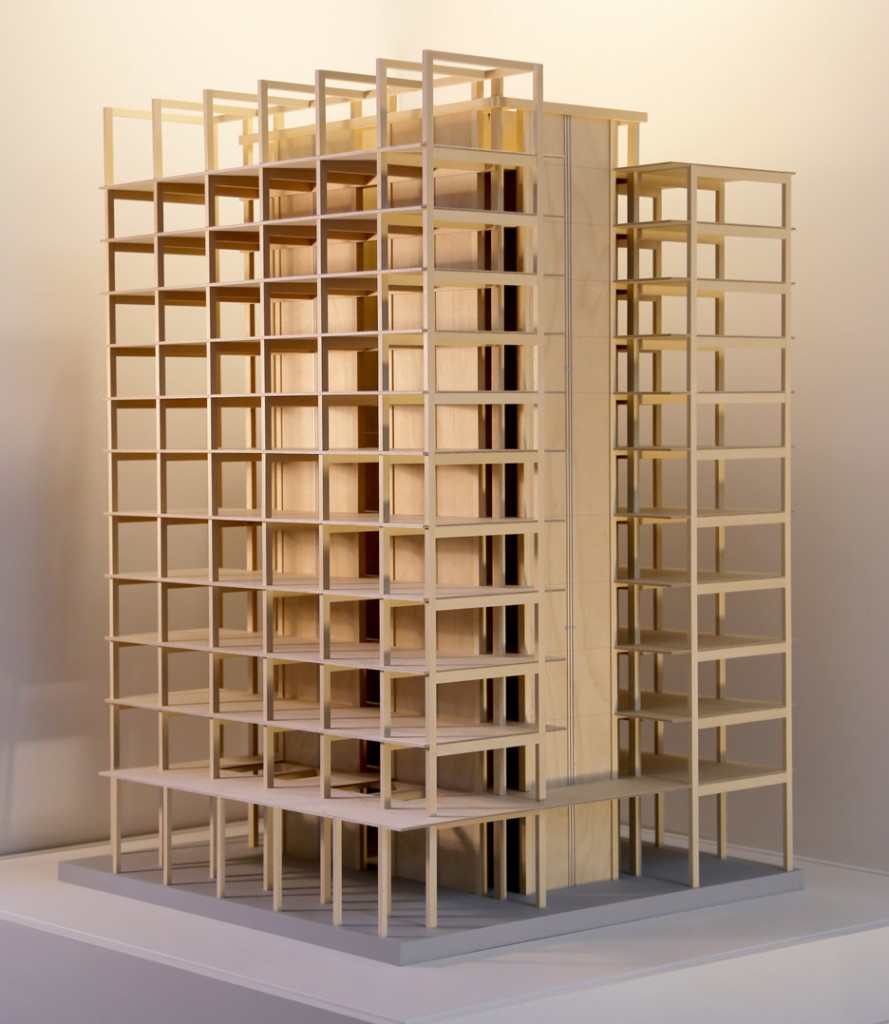 The 12-story Framework tower's cross section shows the elegance possible in a cross laminated timber frame. (Lever Architecture)