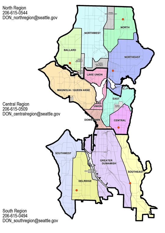 This is how the City of Seattle roughly delineates its neighborhood communities for statistical purposes, although the 2010 census data may represent a slightly different region. (City of Seattle)