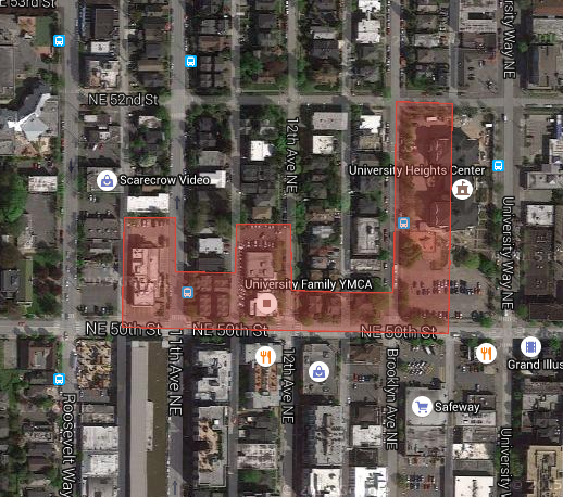 FLUM changes on immediate blocks north of NE 50th St between Roosevelt Way NE and University Way NE. (City of Seattle)
