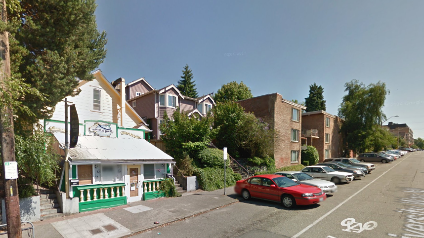 Mix of uses and development intensity on the east side of University Way NE. (Google Streetview)