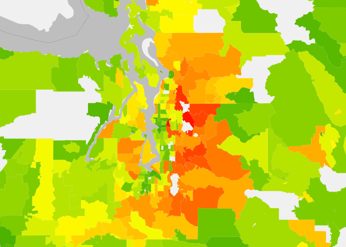 Central Puget Sound average annual household carbon footprint (2013) by zipcode. (UC Berkeley CoolClimate Network)